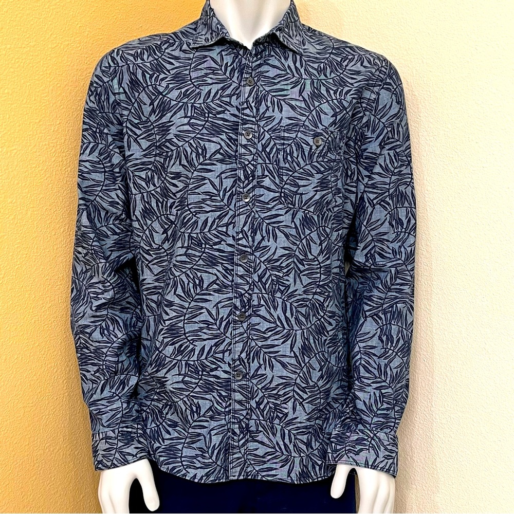 Express Mens Blue Leaf Graphic Print Long Sleeve Button Pocket Shirt